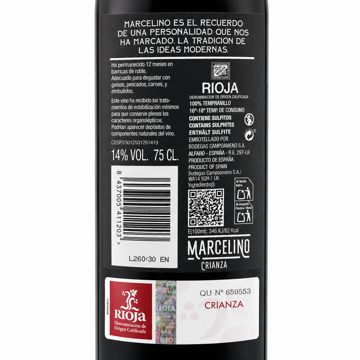 Marcelino Rioja Crianza Tinto 75 cl - Imagen 4